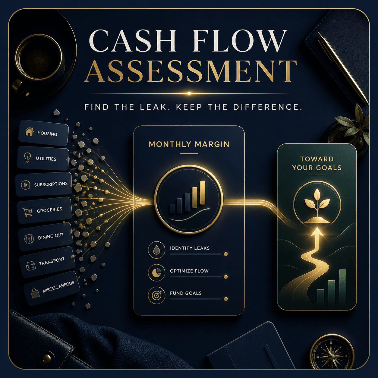 Cash Flow Assessment showing spending categories flowing toward monthly margin and personal goals