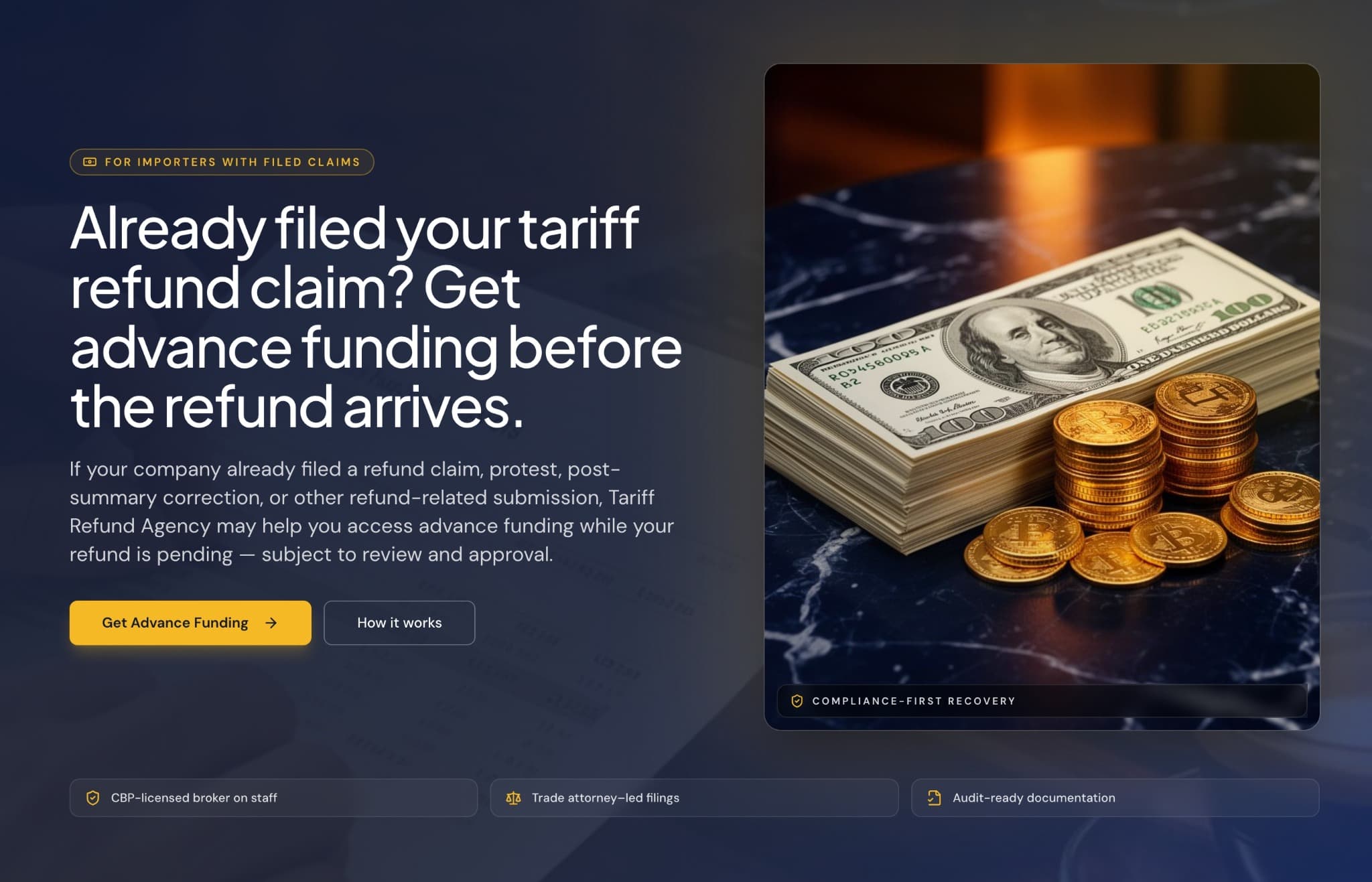 Tariff Refund Agency advance funding landing page screenshot