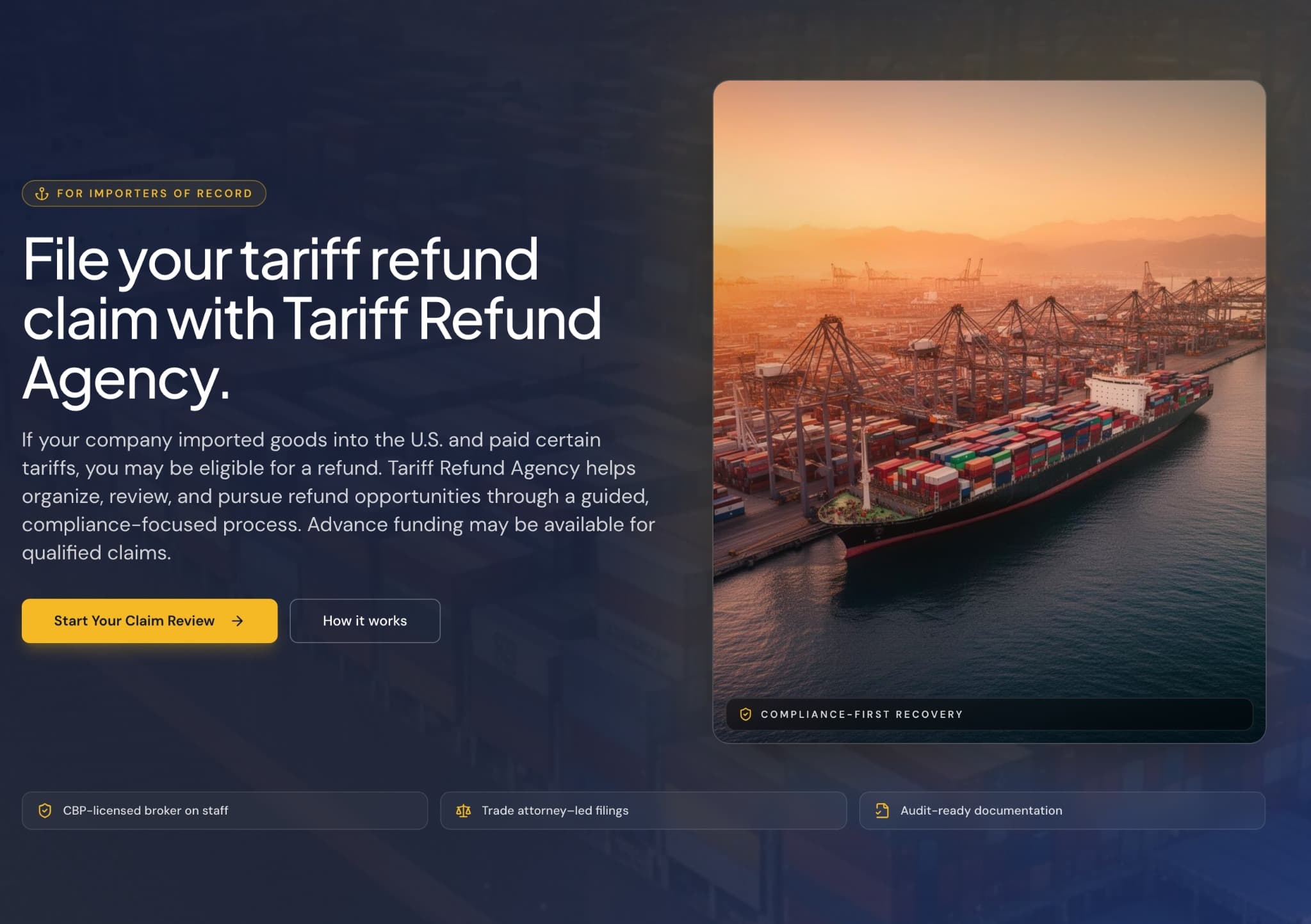 Tariff Refund Agency importer claim review landing page screenshot