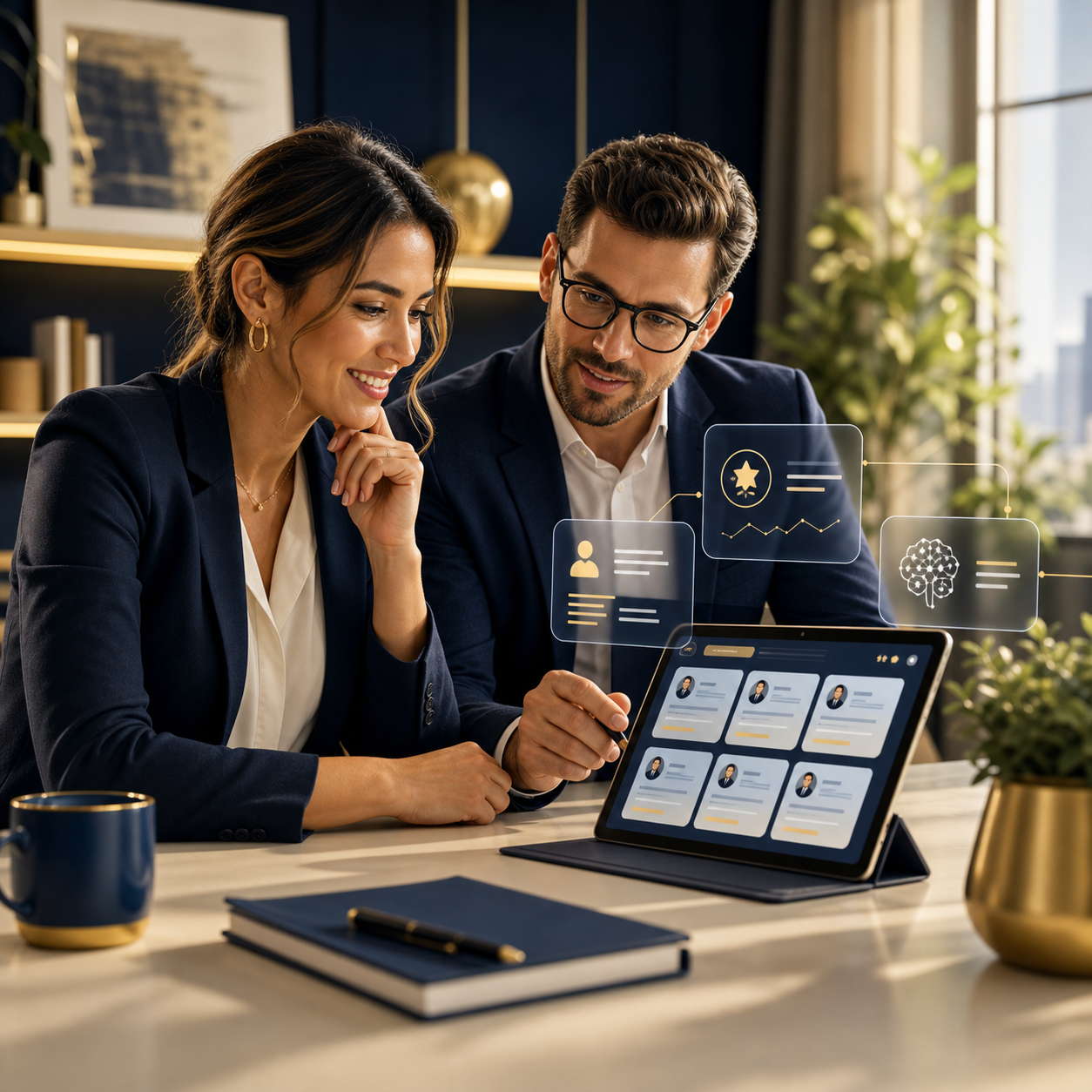 Business owner reviewing custom AI growth systems in a premium advisory marketplace setting