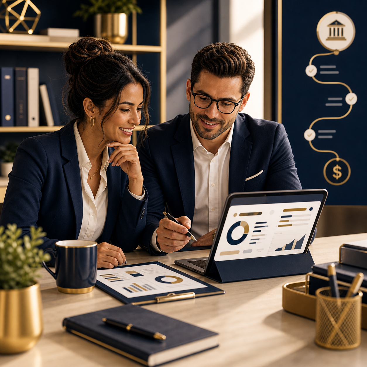 Business owner reviewing funding options in a premium financial marketplace setting