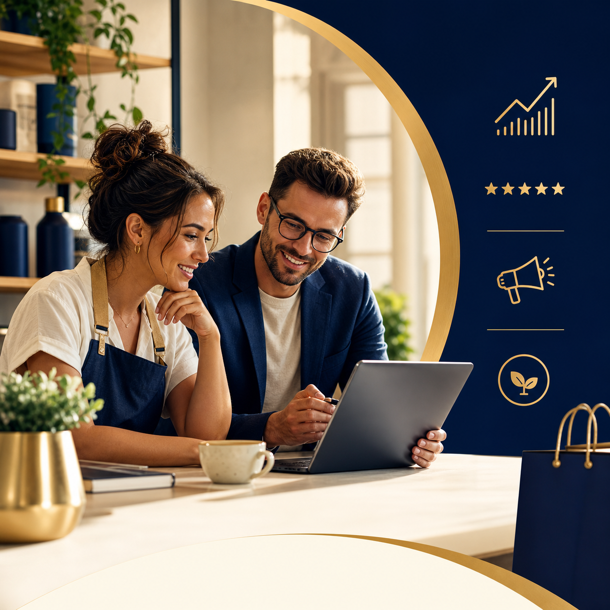 Local business owner reviewing growth tools in a premium marketplace setting