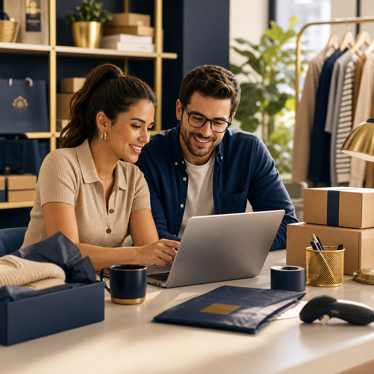 Online store owner reviewing ecommerce options in a premium marketplace setting