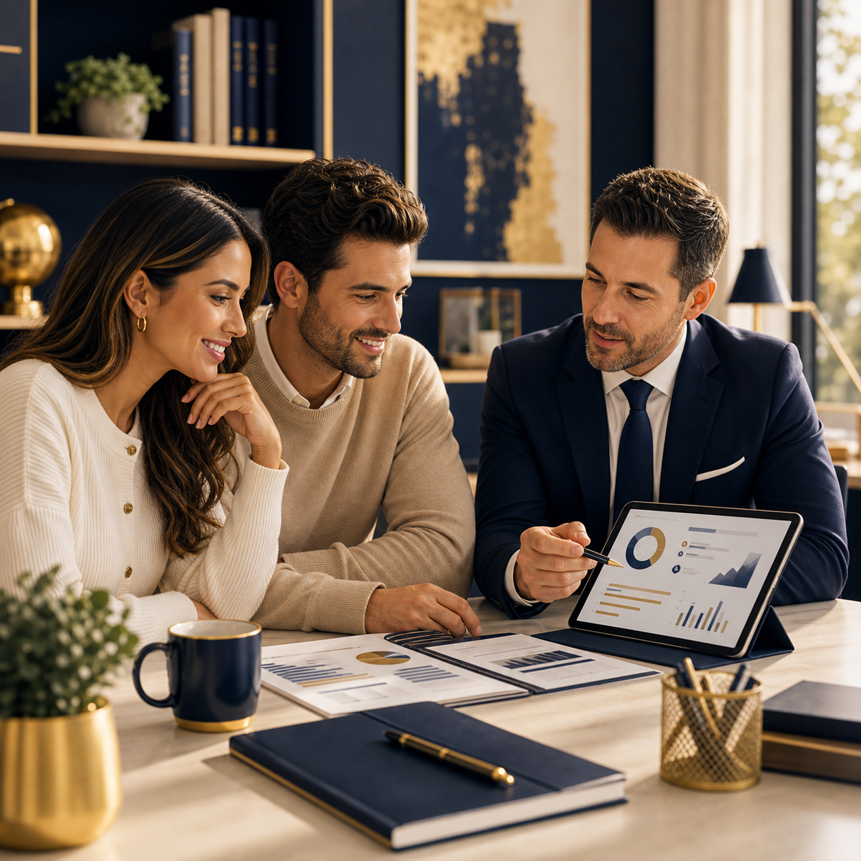 Professional reviewing financial goals in a premium marketplace setting