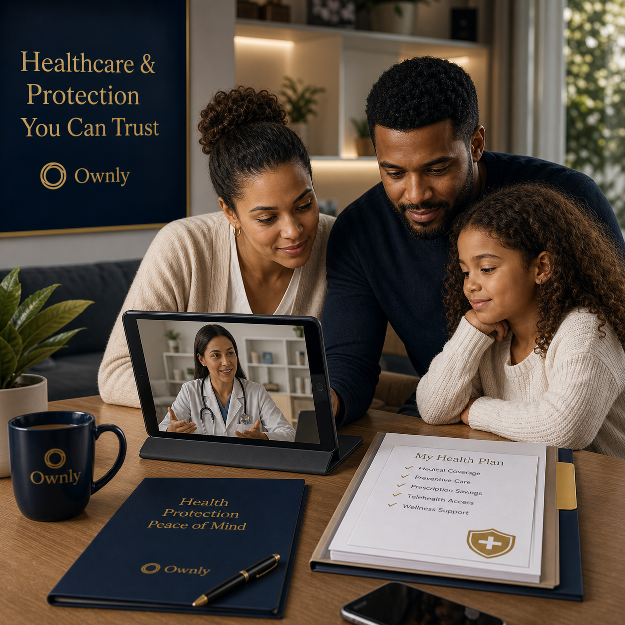 Family reviewing healthcare and protection options