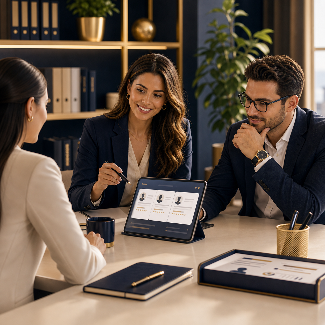 HR professional reviewing hiring options in a premium marketplace setting