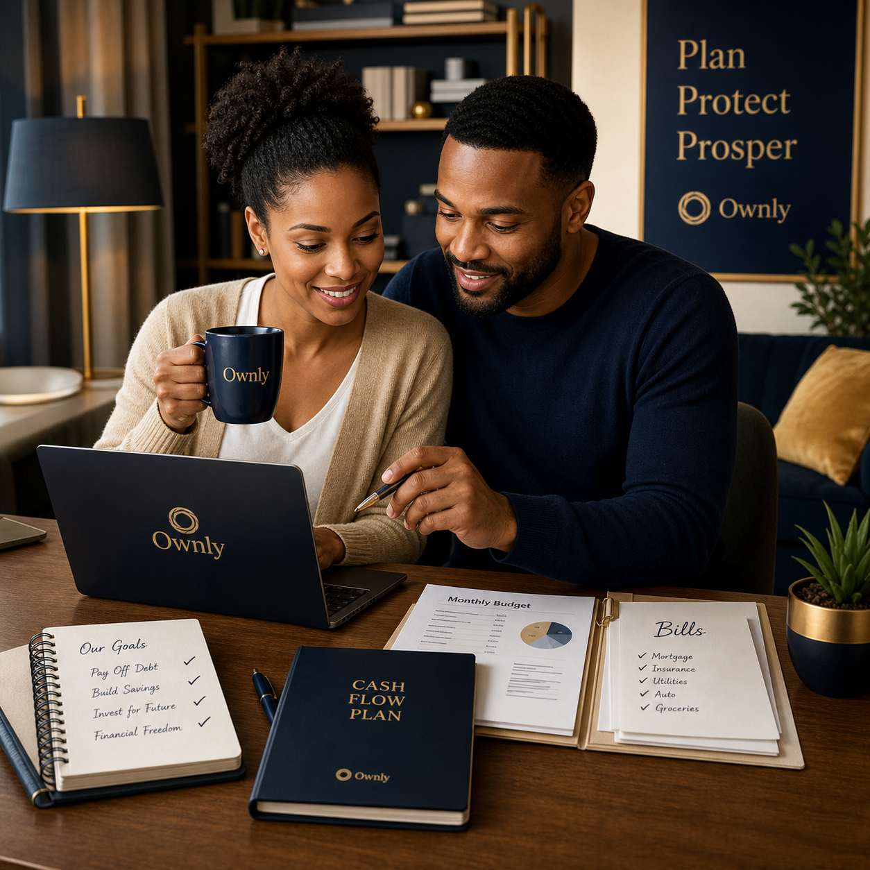 Family reviewing money goals in a premium financial marketplace setting
