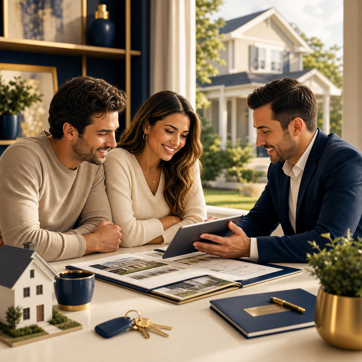 Homeowner reviewing real estate and home options in a premium marketplace setting