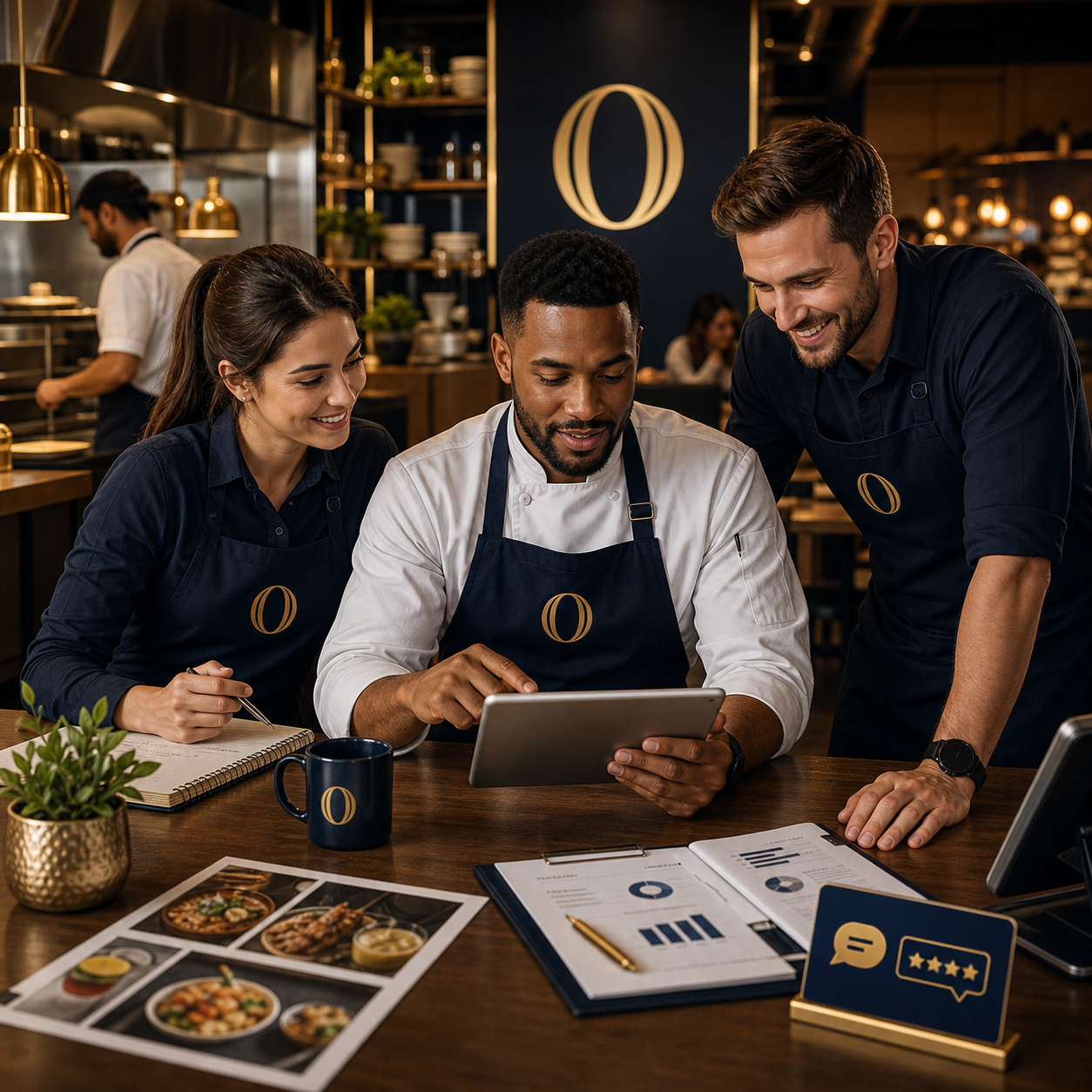 Restaurant owner and team reviewing growth options