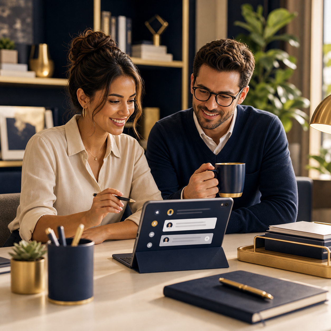 Support professional reviewing customer care options in a premium marketplace setting