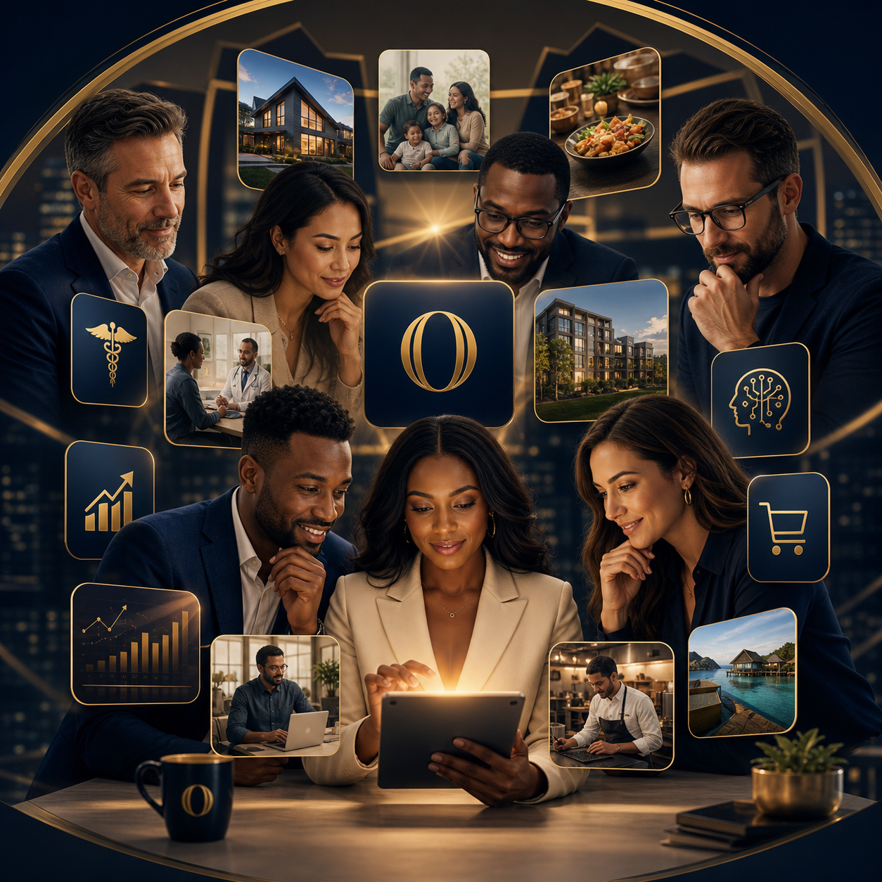 People discovering financial and business solutions in a premium marketplace scene