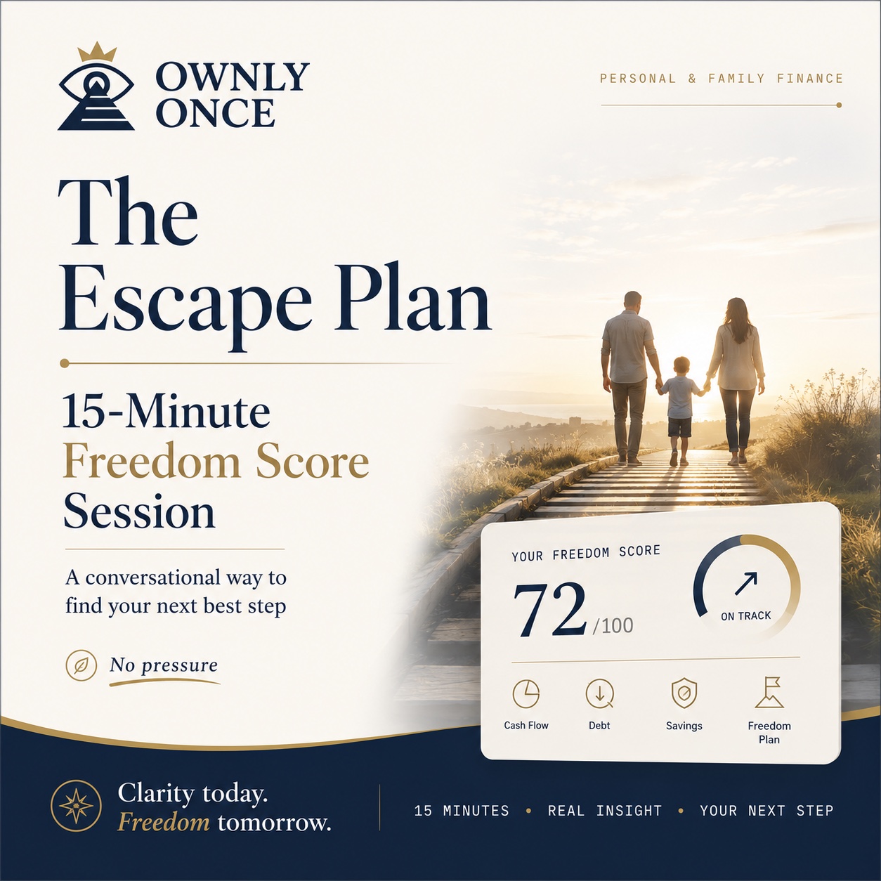 Ownly ONCE Escape Plan marketplace visual for the 15-Minute Freedom Score Session