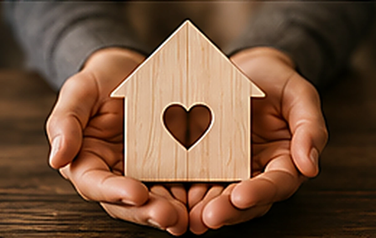 Hands carefully holding a small wooden house with a heart-shaped opening.
